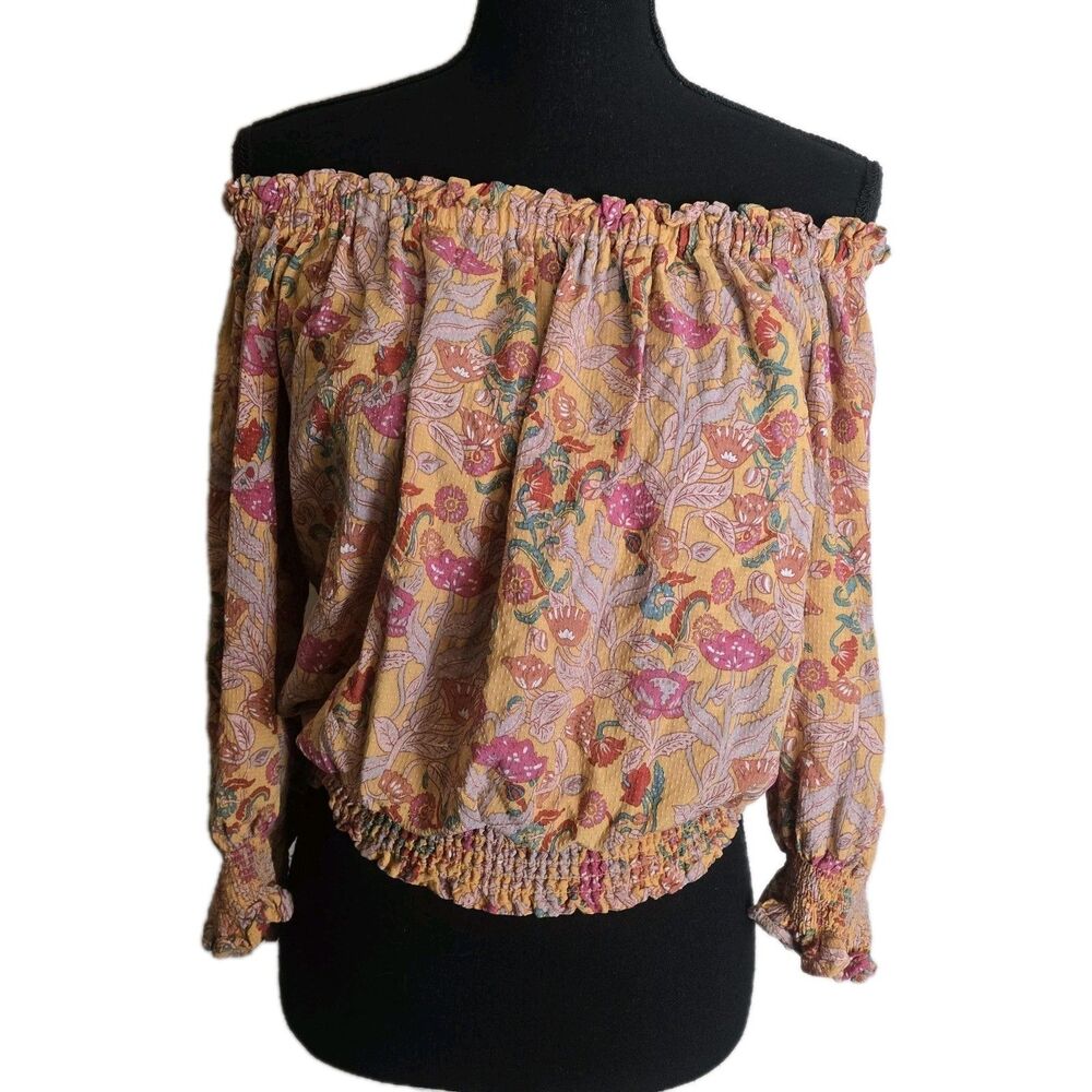 Cupcakes & Cashmere Off Shoulder Blouse Small Cropped Smocked Floral Festival